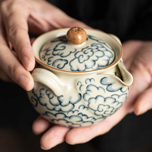 米黄汝窑宝瓶壶祥云印象手抓壶宝手绘仿古泡茶壶家用轻奢汝瓷茶具