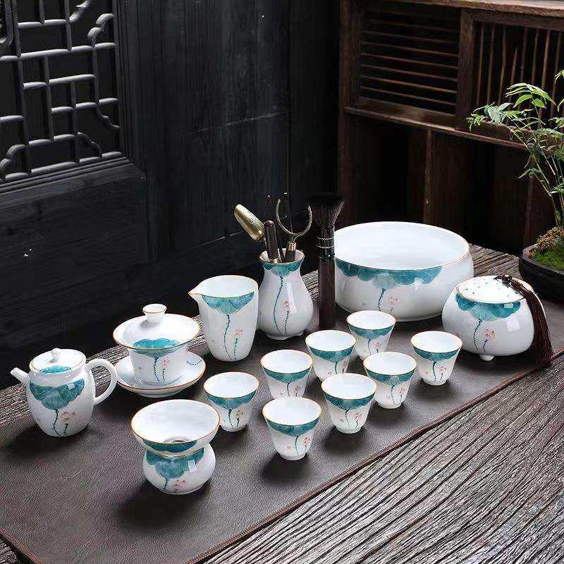手绘荷韵茶具套装泡茶陶瓷整套家用茶艺工具盖碗茶壶简约茶器