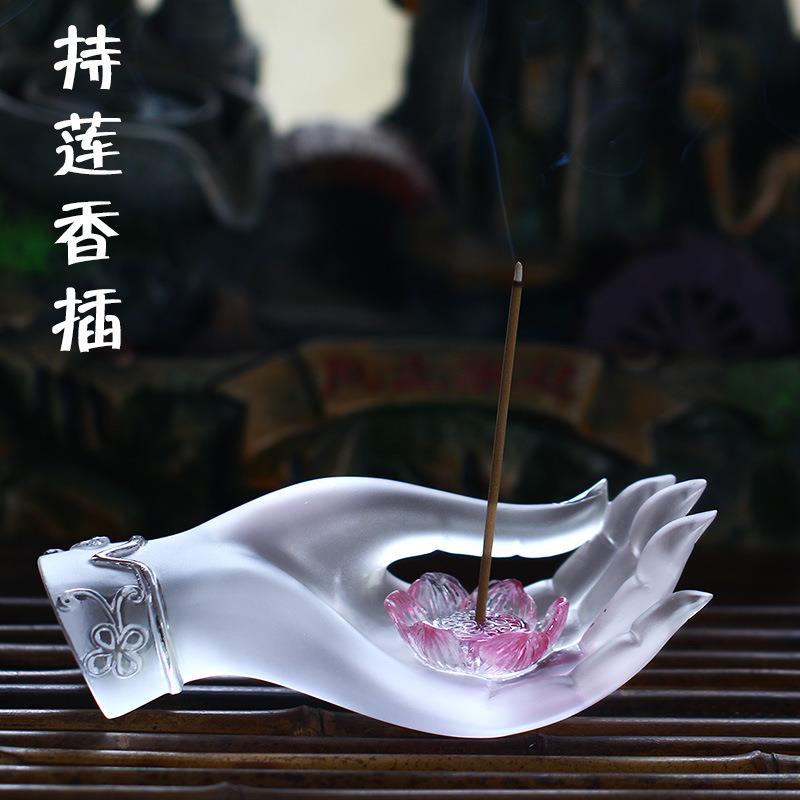 琉璃佛手持莲香插摆件居家客厅茶室装饰摆放线香香座熏香器用品