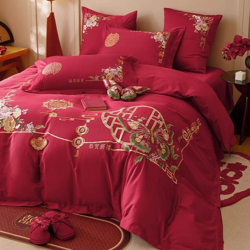 新中式风婚庆100S长绒棉全棉四件套花蝶恋花刺绣红色被套床上用品