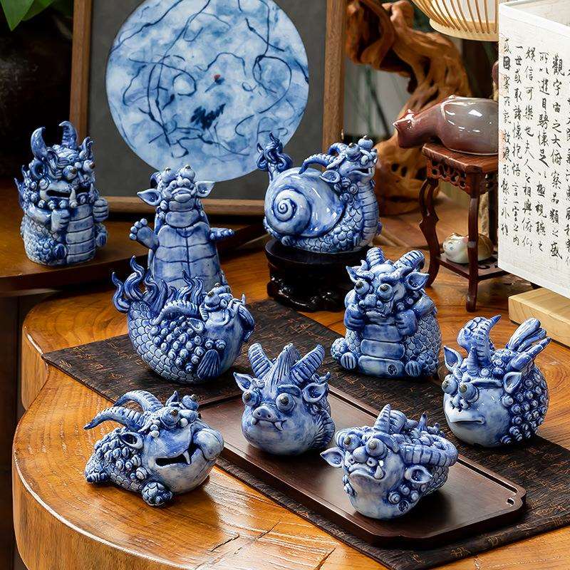 龙生九子陶瓷摆件客厅玄关创意茶室招财神兽可养茶宠桌面装饰品