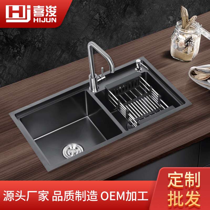 现货一体成型厨房手工双盆8245T边 304不锈钢水槽双槽