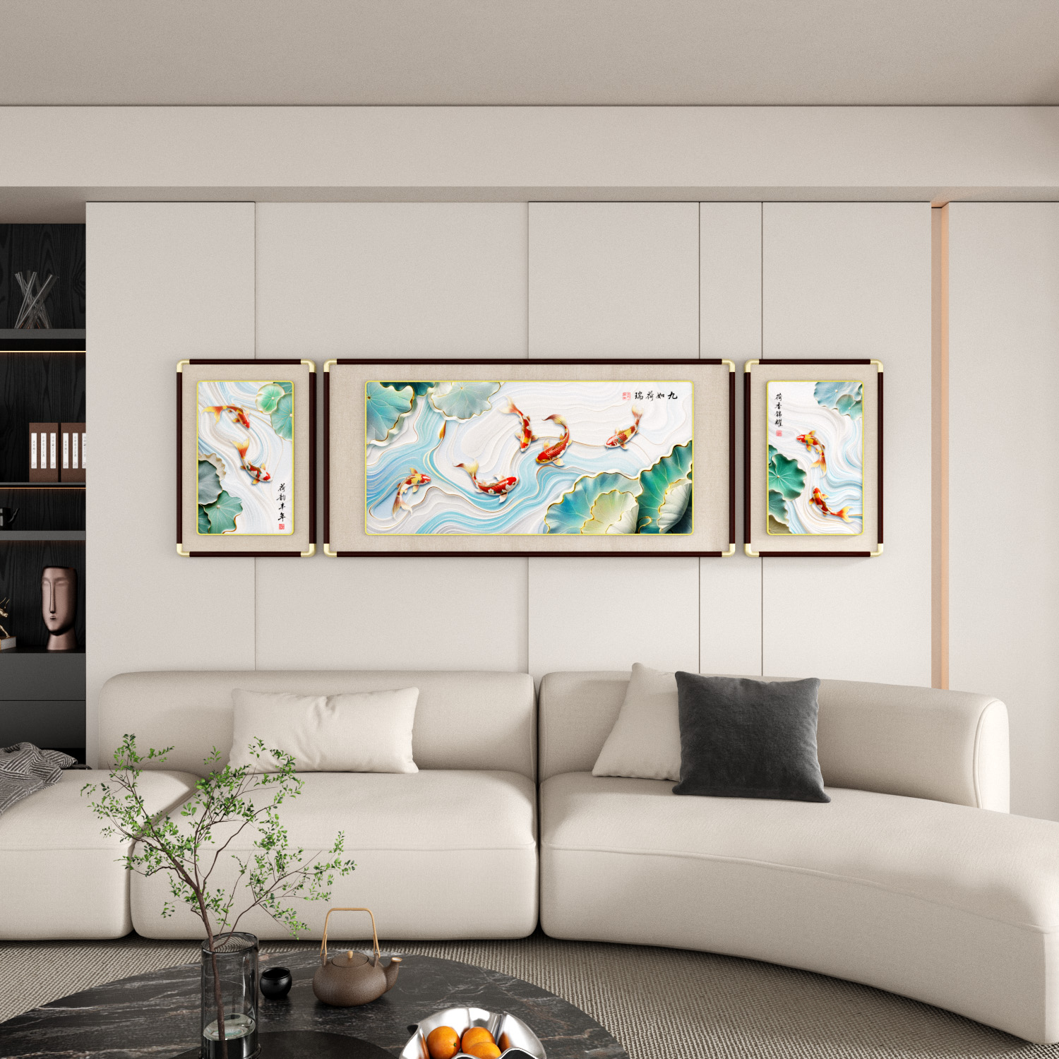 九鱼图三联画沙发背景墙挂画客厅装饰画高档大气墙面壁画2025新款图片