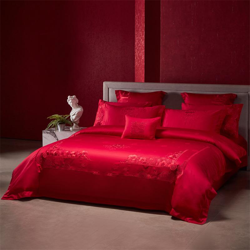 160s长绒棉结婚床上用品四件套全棉贡缎绣花婚庆六件套刺绣十件套