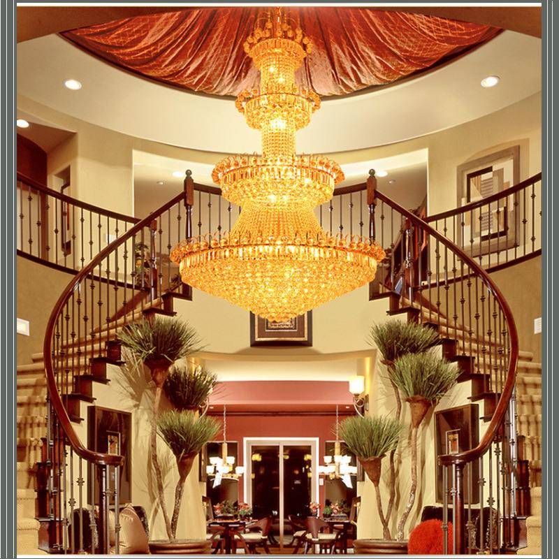金色复式楼客厅大吊灯长豪华酒店大堂中空欧式楼中楼别墅水晶灯具
