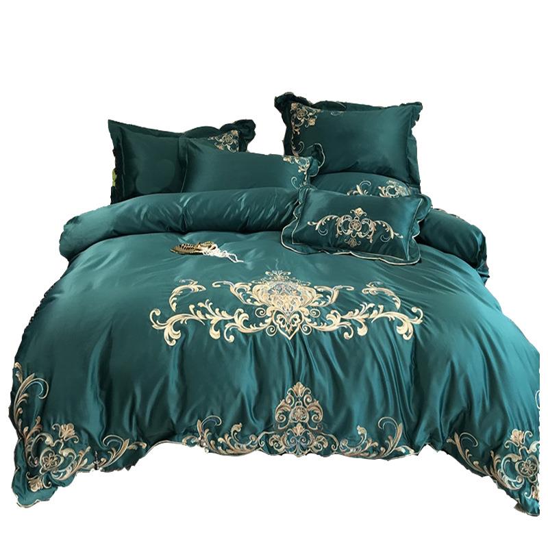 S588欧式刺绣全棉四件套冰丝被套纯棉床单真丝滑结婚红色双人床上