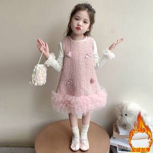 女童洋气小香风秋冬季加绒连衣裙套装女宝宝加厚儿童蛋糕裙子