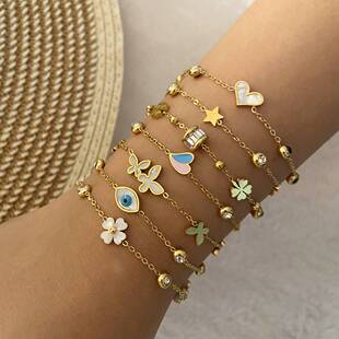 跨境新款饰品 爱心不锈钢手链 轻奢蝴蝶手势 叠戴贝母手环B455