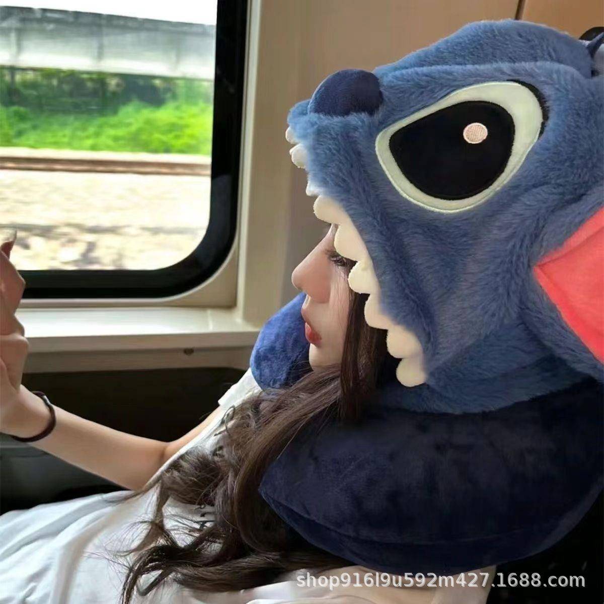 毛绒款可爱史迪奇卡通u型枕连帽枕护午睡护颈枕头旅行飞机帽子