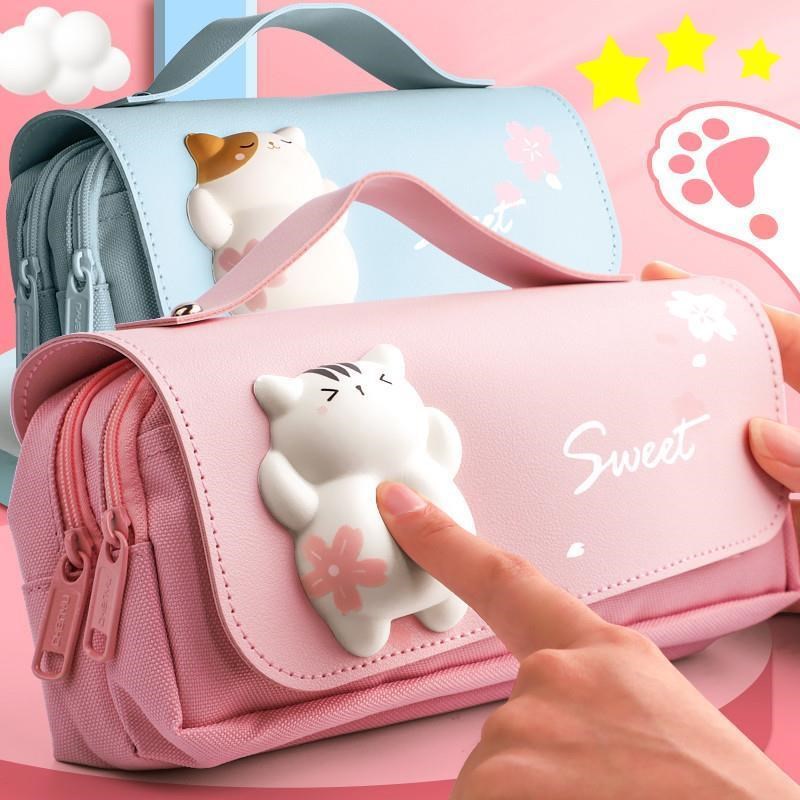 Cute Cat Decompression Pvencil Case Big Pencil Box Portable