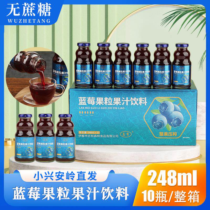 新日期小兴安岭蓝莓果汁果粒饮料无添加剂果味饮料248ml*10瓶整箱