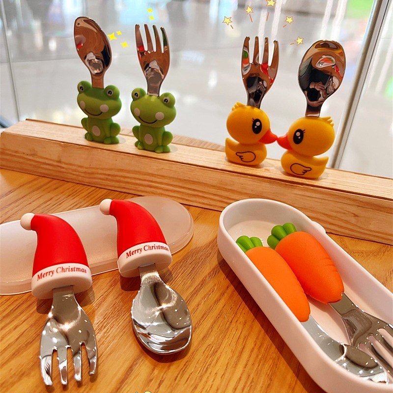 宝宝学吃饭训练卡通叉勺子304不锈钢防滑婴儿辅食勺自主进食
