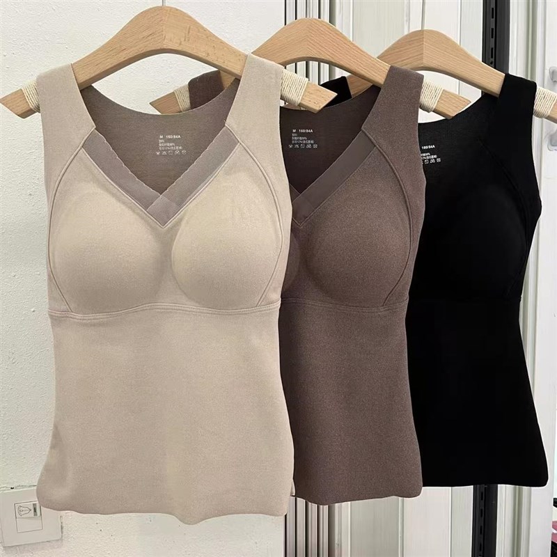 8803石墨烯发热内衣网纱v领固定杯垫遮副乳加绒加厚修身保暖背心