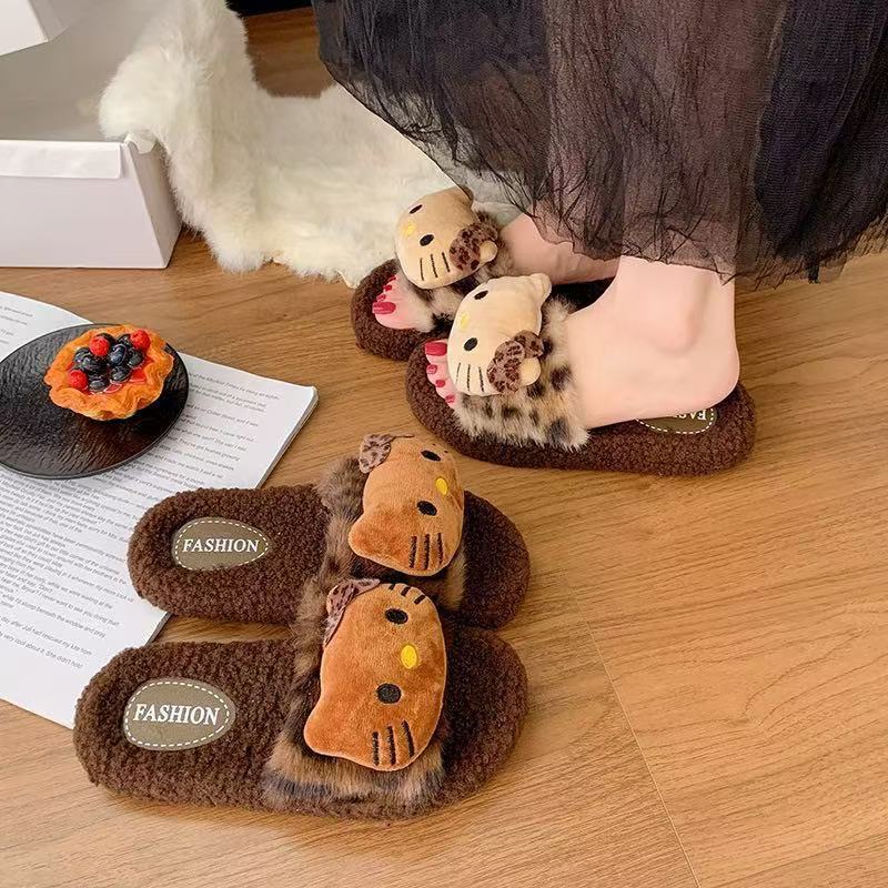 可爱kt猫毛毛拖鞋女秋冬外穿