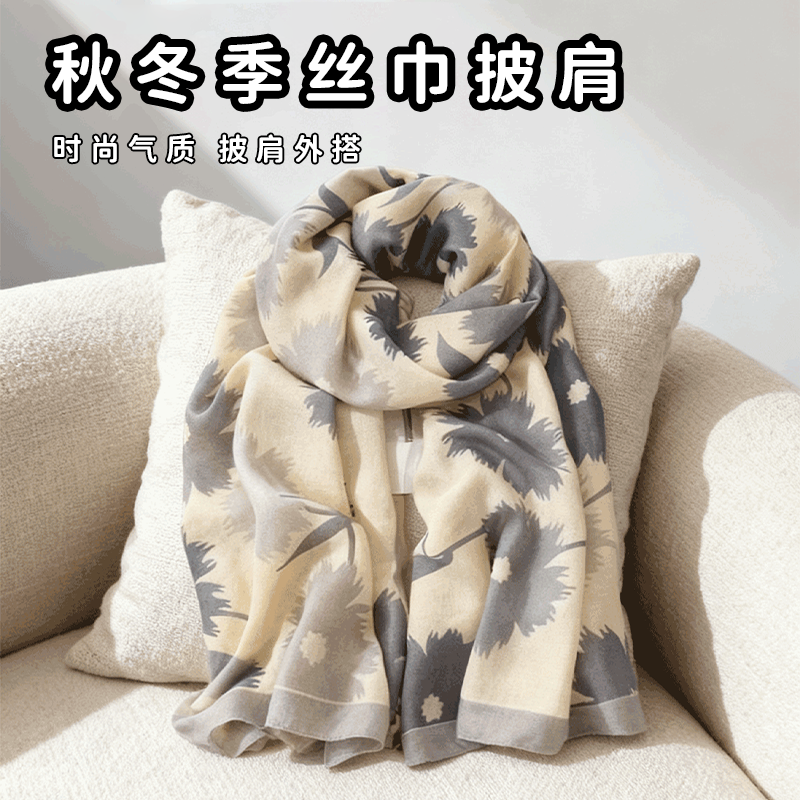 秋冬新款韩版小花棉麻围巾女百搭长款披肩外搭薄款冬季纱巾丝巾女