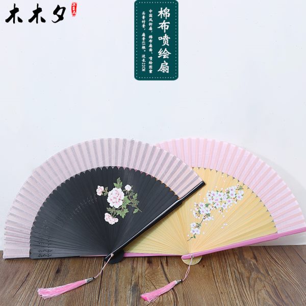 中国风舞蹈扇古风喷绘子子棉麻布扇子折扇女夏季折叠小扇随身古典