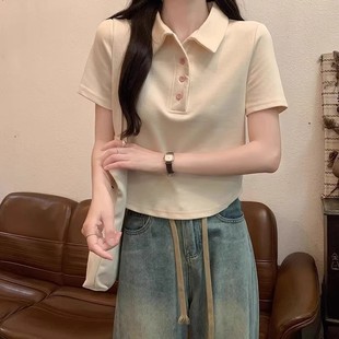 韩系绝美小上衣 杏色纯棉正肩单排扣翻领POLO衫 短袖 T恤女修身 短款