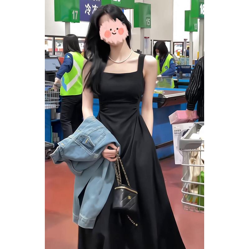 黑色吊带连衣裙子女夏季2025新款春秋长袖法式茶歇小个子收腰长裙