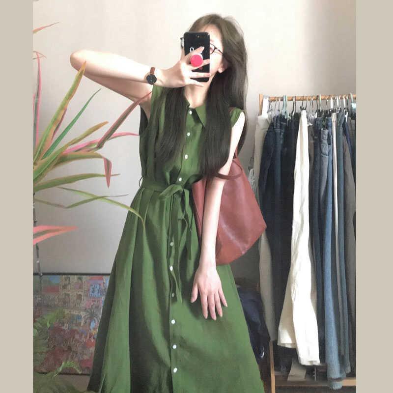 文艺复古绿色无袖背心连衣裙女夏衬衫裙绑带收腰显瘦小个子中长裙