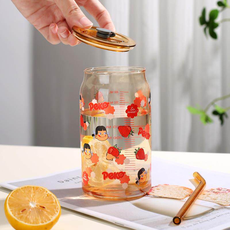 新品玻璃印花可乐杯水杯带盖带吸管饮料杯办公室宿舍茶水饮料果汁