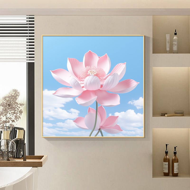 卫生间挂画客厅防水新中式荷花厕所墙壁画浴室免打V孔洗手间装饰图片