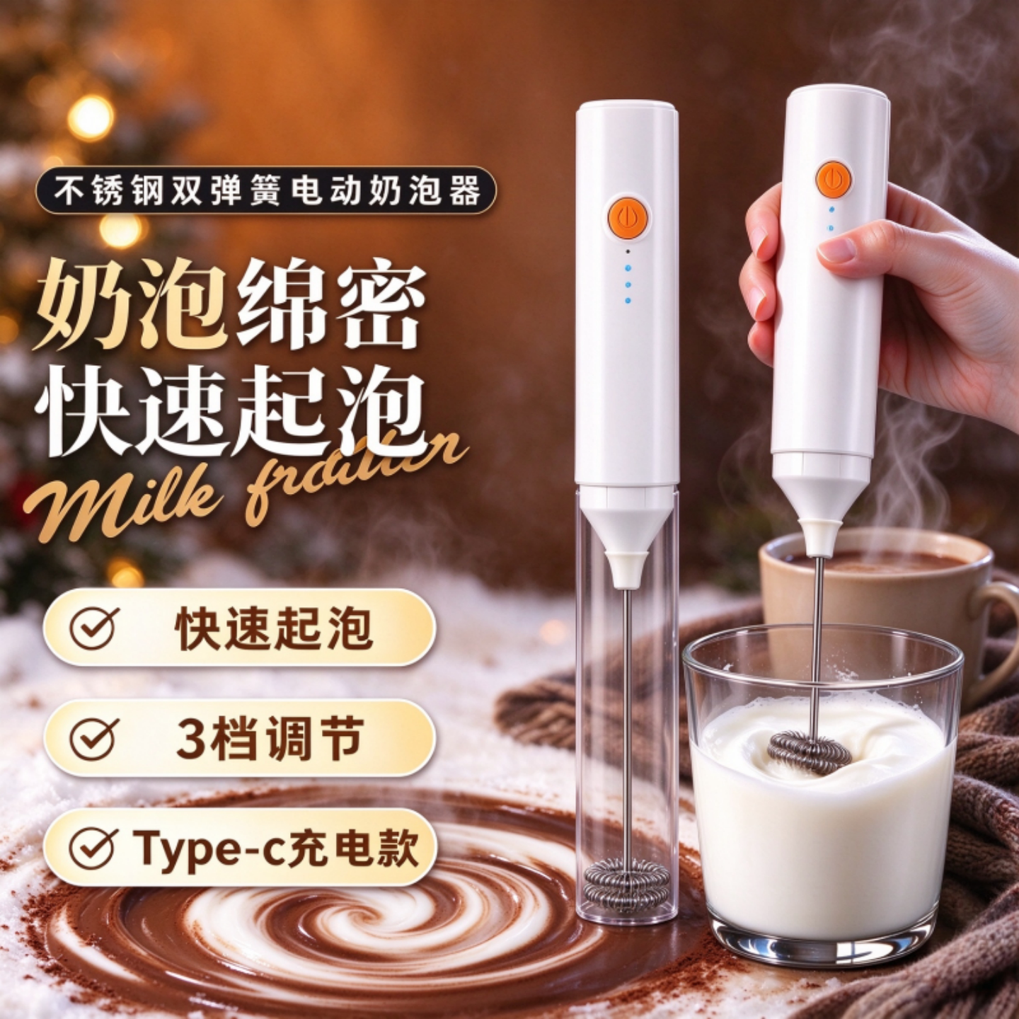 带防尘盖电动奶泡器打发器打蛋器充电手持咖啡打奶器奶盖搅拌棒