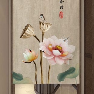 中国风 门帘隔断帘荷花挂帘布帘帘厕所卧室复古免打孔客厅家用中式