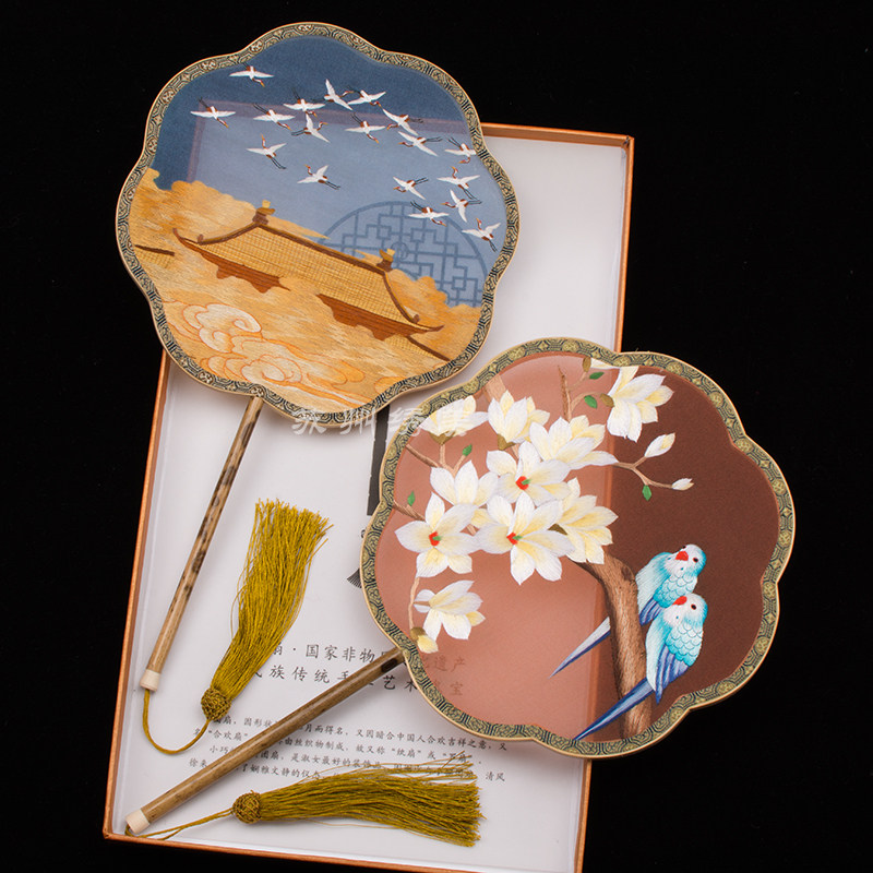 苏绣扇子刺绣团扇面绣扇宫廷风工艺扇古装汉服舞蹈扇出国礼品