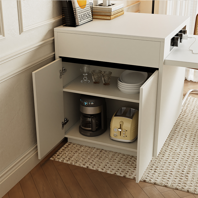 奶油风伸缩岛台餐桌一体家用小户型抽拉格设计多功能岛台