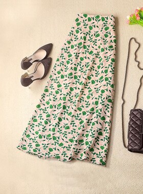 绿色树叶印花A字半身裙女夏季小个子大摆裙子碎花W半裙长裙花裙