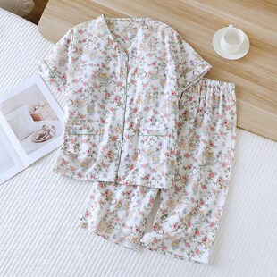 纯棉纱布睡衣女带胸垫短袖 中年妈J妈透气全棉外穿家居服套 七分裤