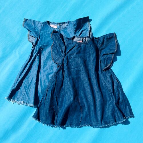 外单一眼相中 毛边流苏t裙 女童宝宝夏季飞袖A字版牛仔连衣裙子