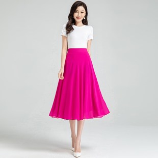 2025b夏季 玫红雪纺半身中长裙纯色高腰A字裙大摆显瘦跳舞女裙 新款
