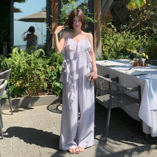 女法式 蛋糕荷叶边吊带上衣 2025夏季 套装 清凉气质两件套 长阔s腿裤