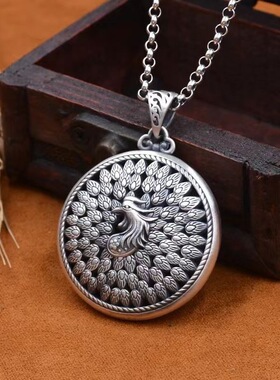 银饰年新款孔雀复古纯银吊坠长款