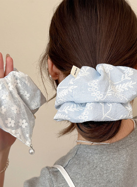 清新蓝色条纹刺绣碎花方巾发圈蕾丝花边韩系甜美发绳少女丸子头绳