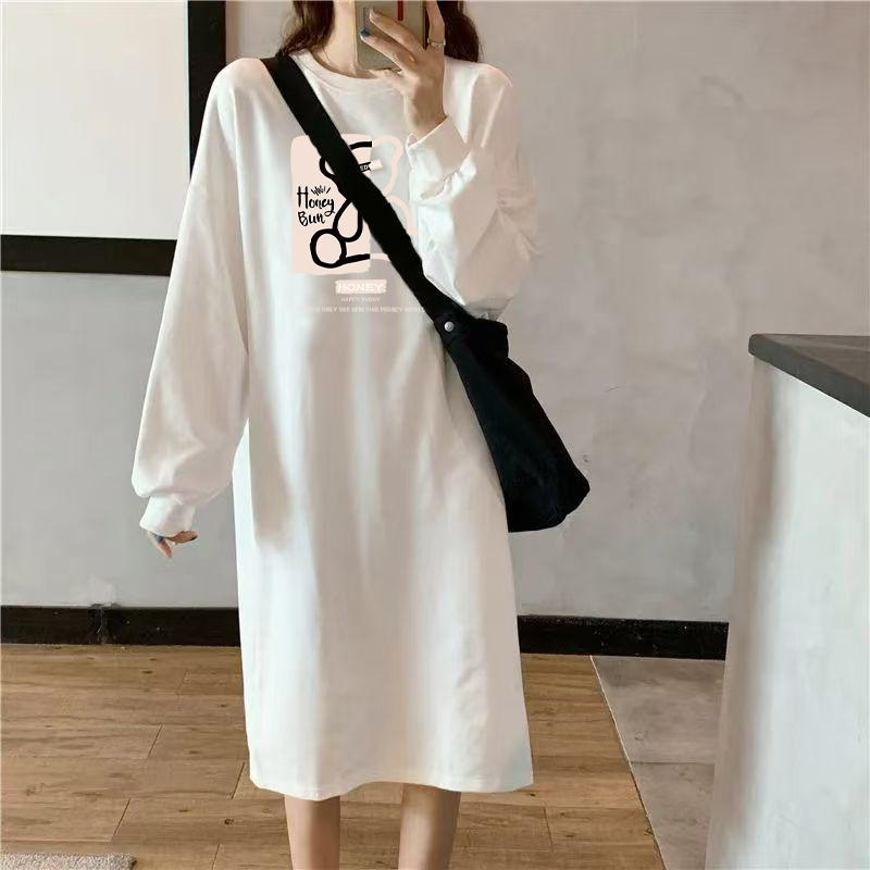 宽松中长款印花长袖连衣裙