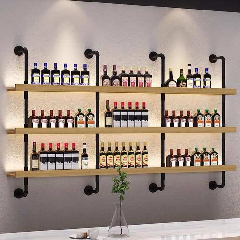 墙上酒架餐厅酒吧烧烤店吧台壁挂式靠墙铁艺多层实木置物架子