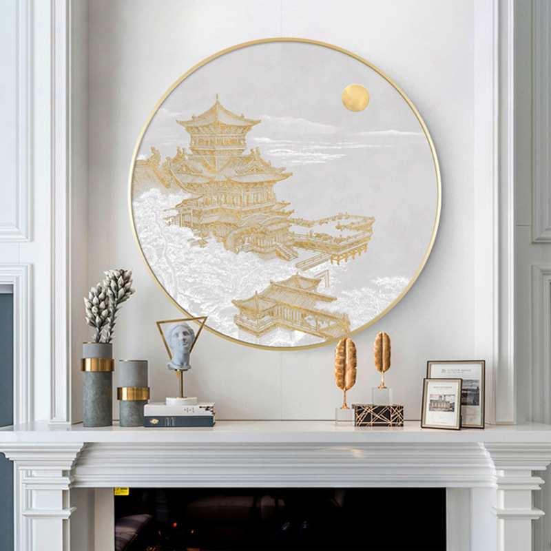 新中式圆形玄关装饰画古代建筑走廊挂画客厅别墅中国风意境墙壁画图片