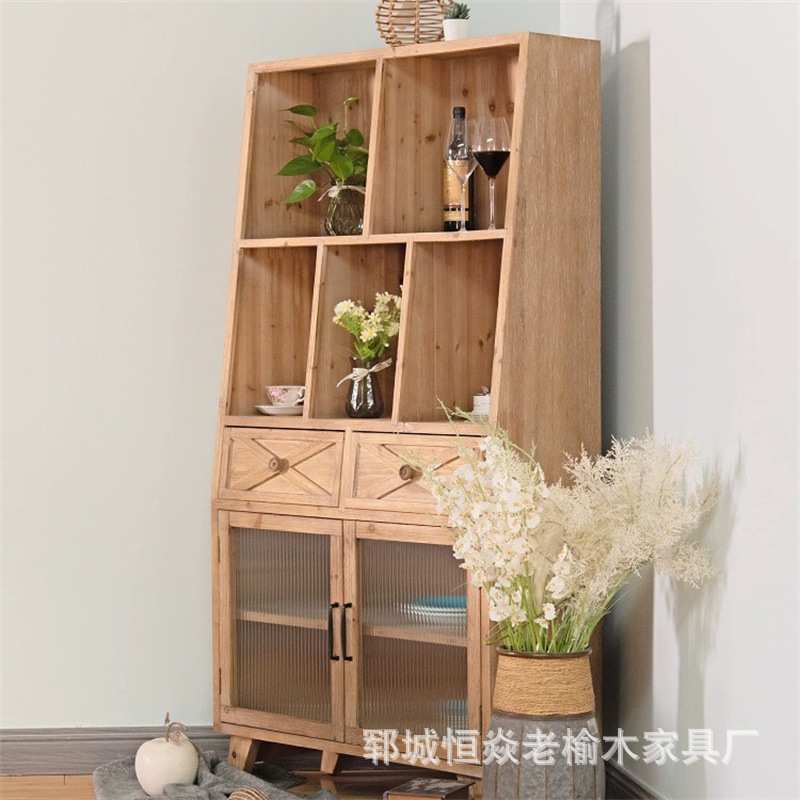 简约老榆木储物柜家居靠墙玻璃柜长方形茶具茶杯收纳柜榆木置物柜