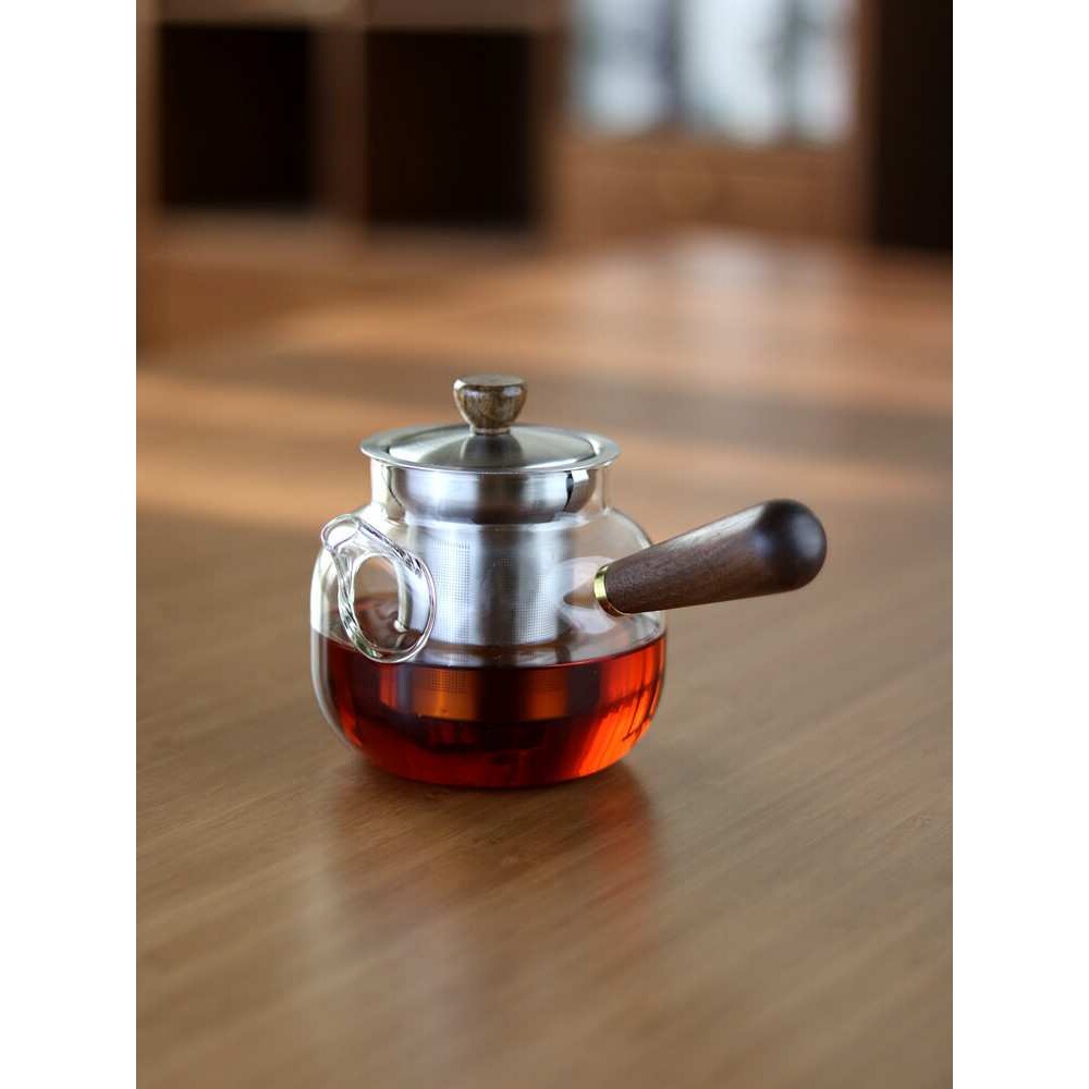 新款500ml实木侧把泡茶壶304内胆过滤小泡壶高硼硅玻璃功夫侧把壶