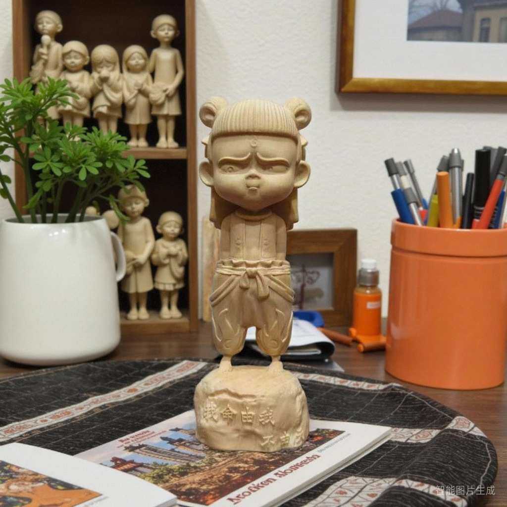 黄杨木雕哪吒降世摆件实木雕刻哪吒魔童人物工艺品中控台车载饰品