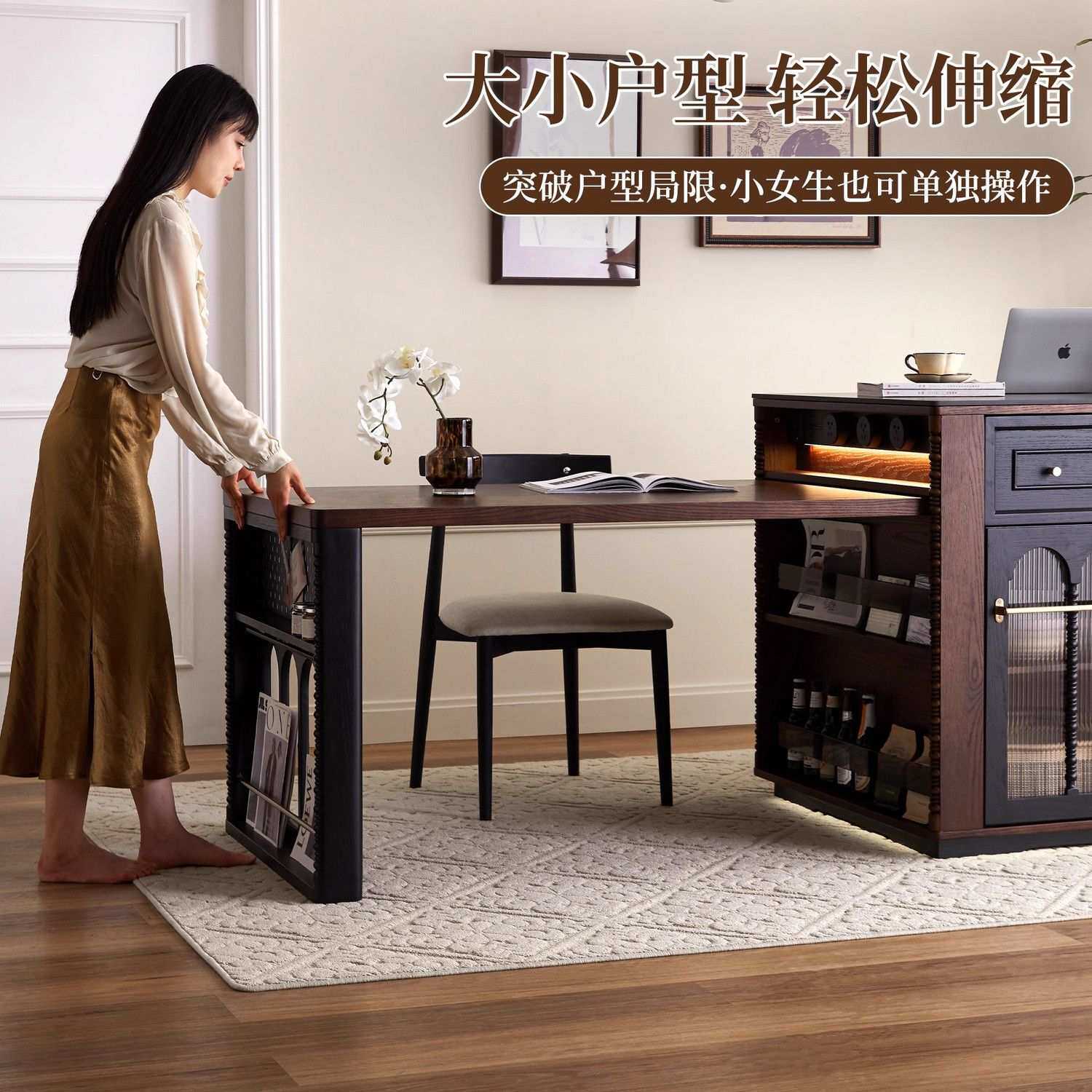 美式复古实木餐桌岛台法式多功能可伸缩中古风小户型长方形方桌