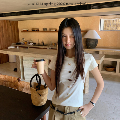AIXILI爱西里-款圆领短袖不规则纽扣设计修身显瘦打底T恤短袖T恤