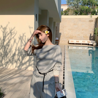 SANTA GROVE-风气质显瘦斜肩苎麻精致女人小衫(配胸针)(22.9亚麻)