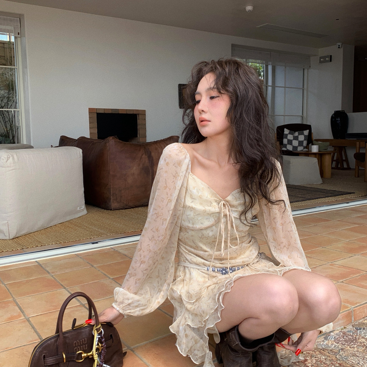 ZY GODDESS-感浪漫印花泡泡袖一字肩荷叶边不规则连衣裙(配腰带),女装/女士精品,连衣裙,淘宝优惠券,粉丝福利购,淘宝优惠卷