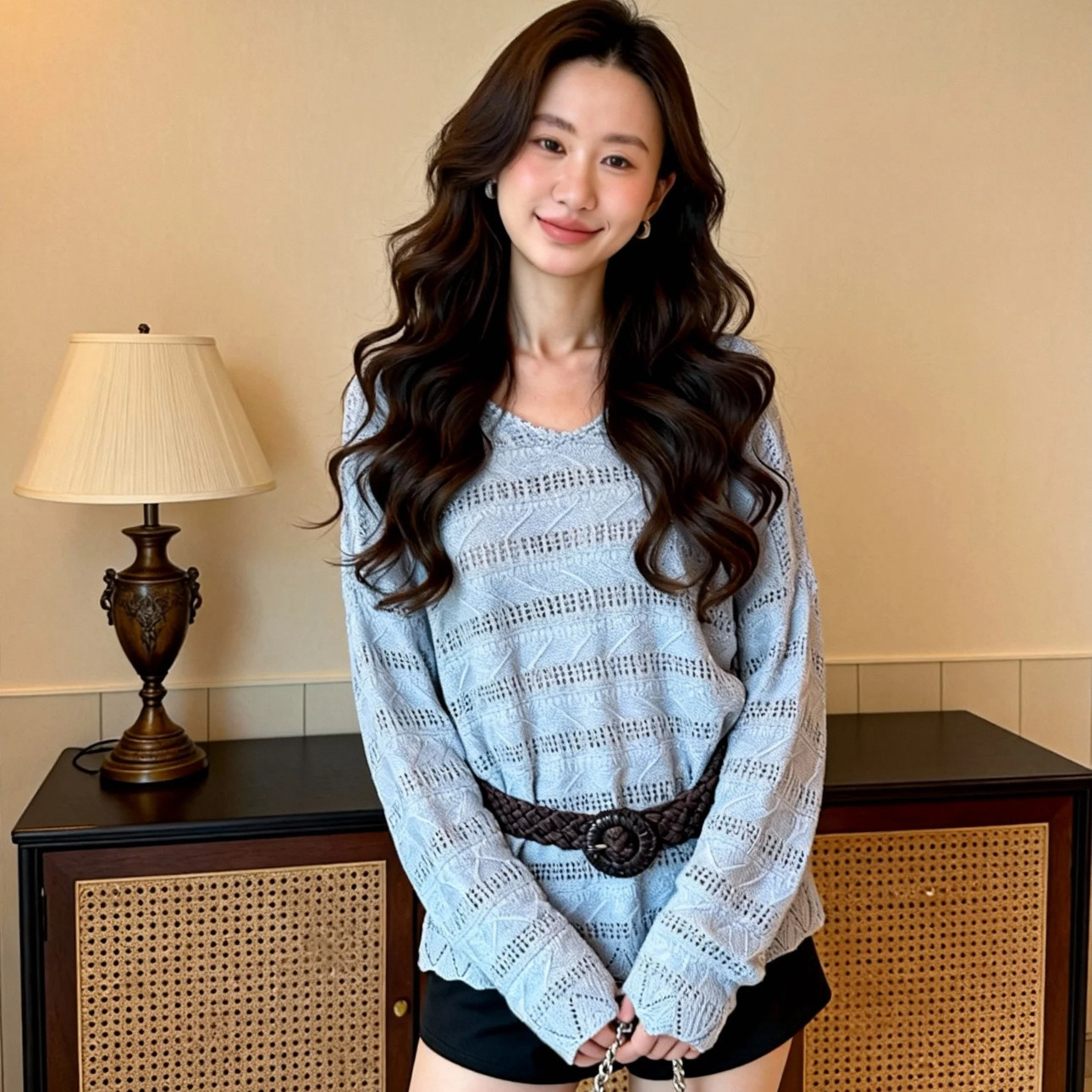ZY GODDESS-福利款韩系温柔松弛感v领镂空宽松显瘦针织衫(配腰带)