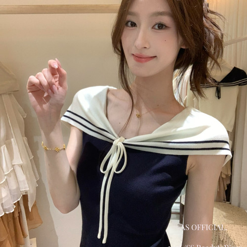 AS OFFICIAL-顶美少女巨爱超心水海军领撞色一字肩针织小衫16356