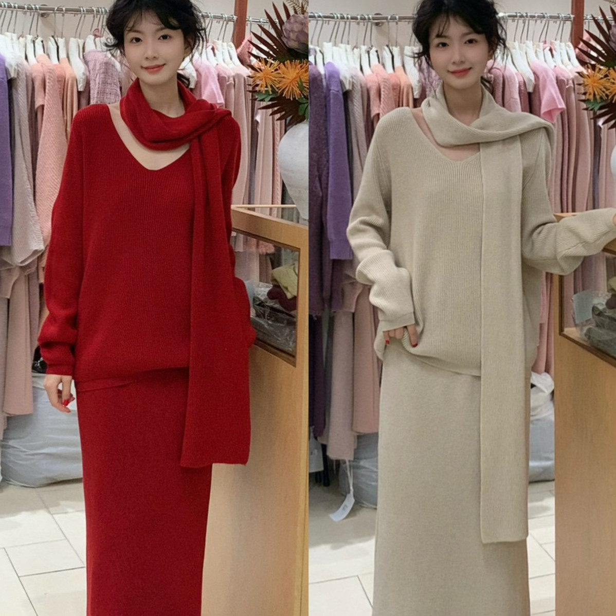 UONE-C位女主气质氛围感爆表半身裙+针织衫套装(配围巾)