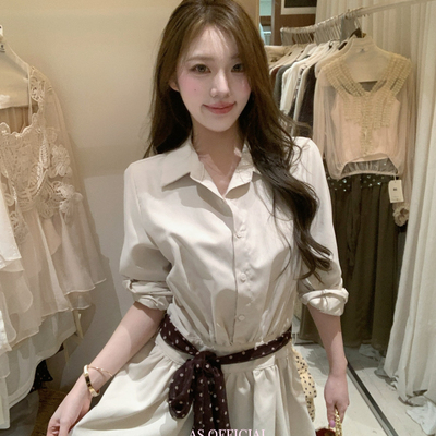 AS OFFICIAL-调大美女·波点丝带收腰衬衫裙小衫(配豹纹丝巾)2886